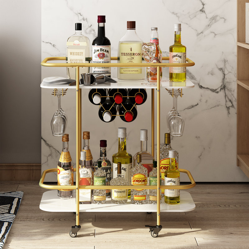 Bar Cart with Glass Holder, Wine Rack, Gold