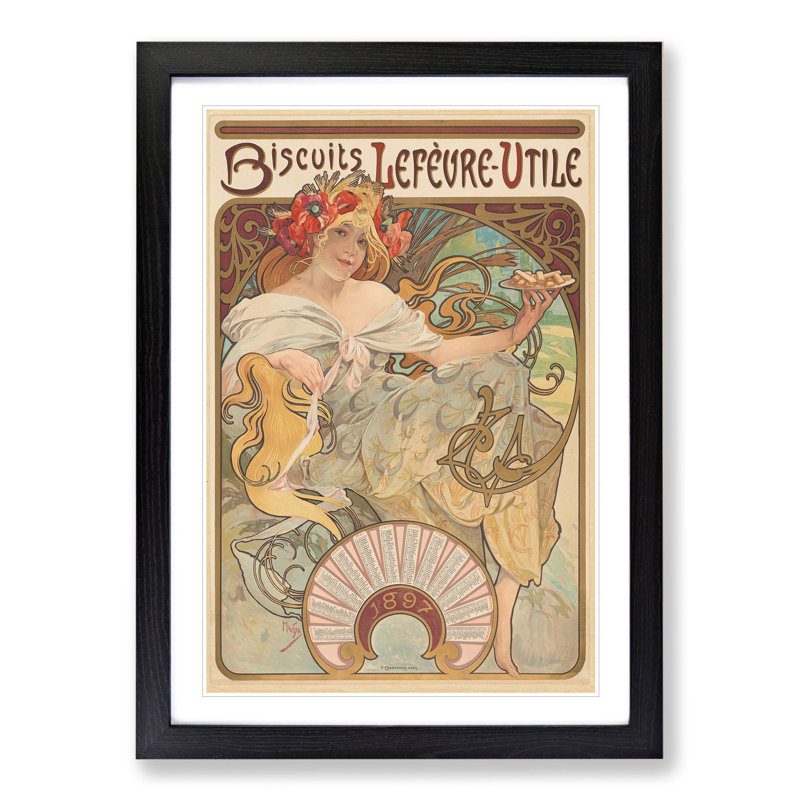 Biscuits Lefevre by Alphonse Mucha - Picture Frame Graphic Art, 36cm H x 27cm W x 2cm D, Black