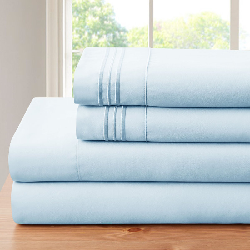 Ensemble de draps à poche profonde en bambou à contexture de 1800 fils avec 3 lignes brodées (4 pièces), Turquoise