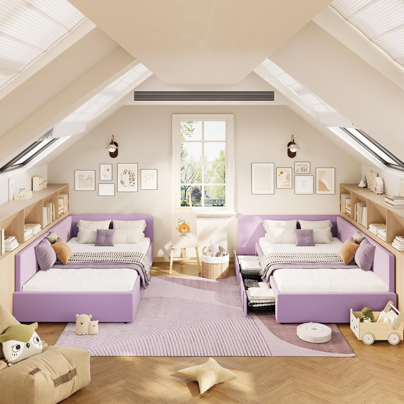 Lit de jour avec tiroirs et tête de lit, velours, rose | Structure de lit d'angle avec garde-corps, parfaite pour le salon ou la chambre à coucher, facile à assembler