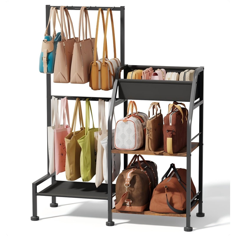 3-Tier Storage Stand & 12 Fixed Hooks, Visible Backpack Storage, Space-Saving Bag Organizer Rack For Home, Closet