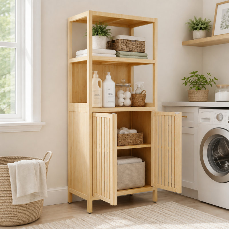 Armoire de rangement en bambou massif avec portes et tablettes ouvertes, Naturel