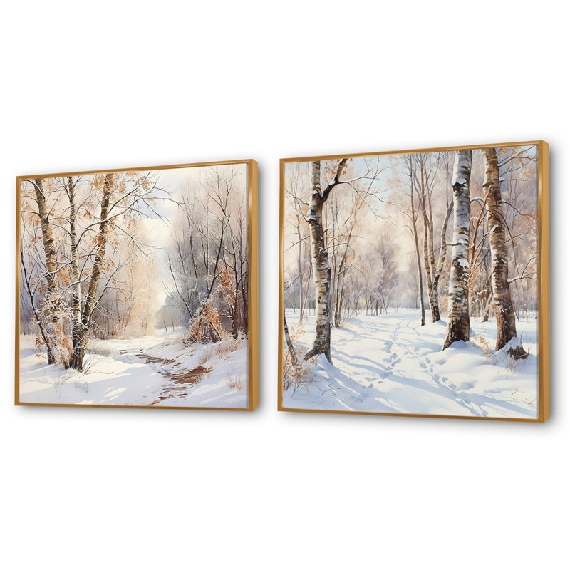 «Trees Charm In Winter», ensemble de 3 arbres carrés, Cadre flottant doré, H 30 po x l 61 po
