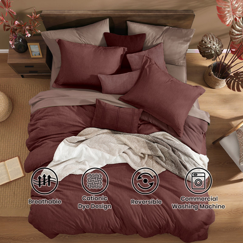 Cationic Comforter Set 7PC, Queen Comforter + 6 Additional Pieces, Dark Red