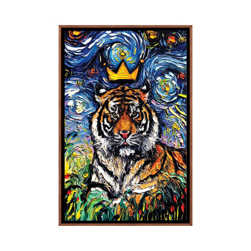 « Tiger King » par aja Trèves, reproduction d’art, H 26 po x l 18 po x 1,5 po, Toile avec cadre en bois brun classique