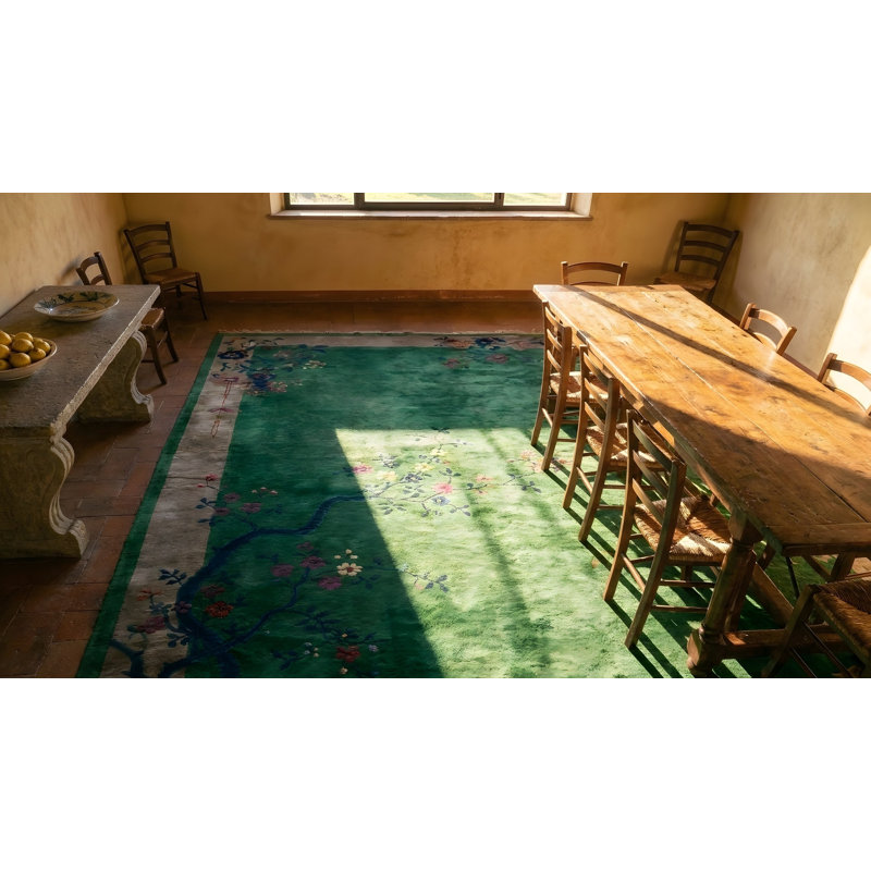 Hand Knotted Wool Area Rug in Green