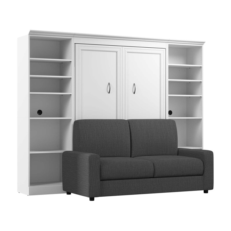 Lit escamotable avec rangement Alvaretta, Blanc / Gris, Double