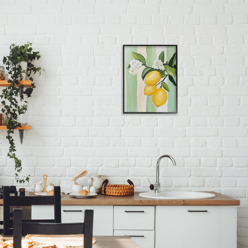 Citrons et fleurs sur rayures, estampe numérique, design par The Prints Vibe, 14 x 11, Midnight Black Giclee Framed