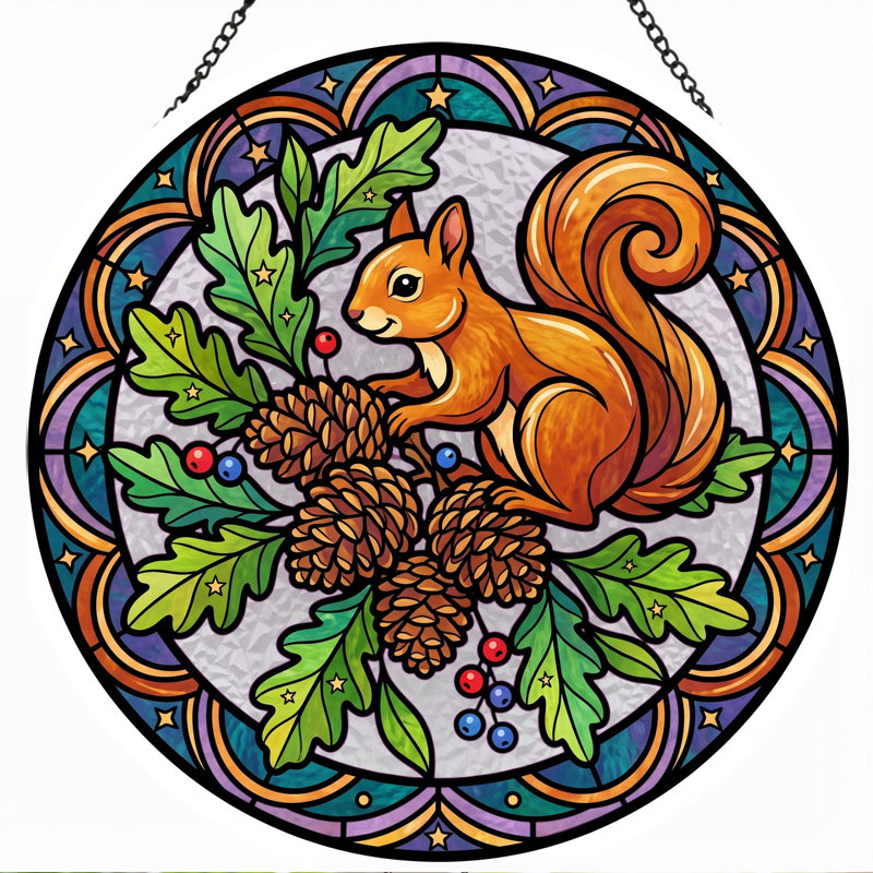 Squirrel Pinecone Stained Glass Window Panel，12"H, 12"H