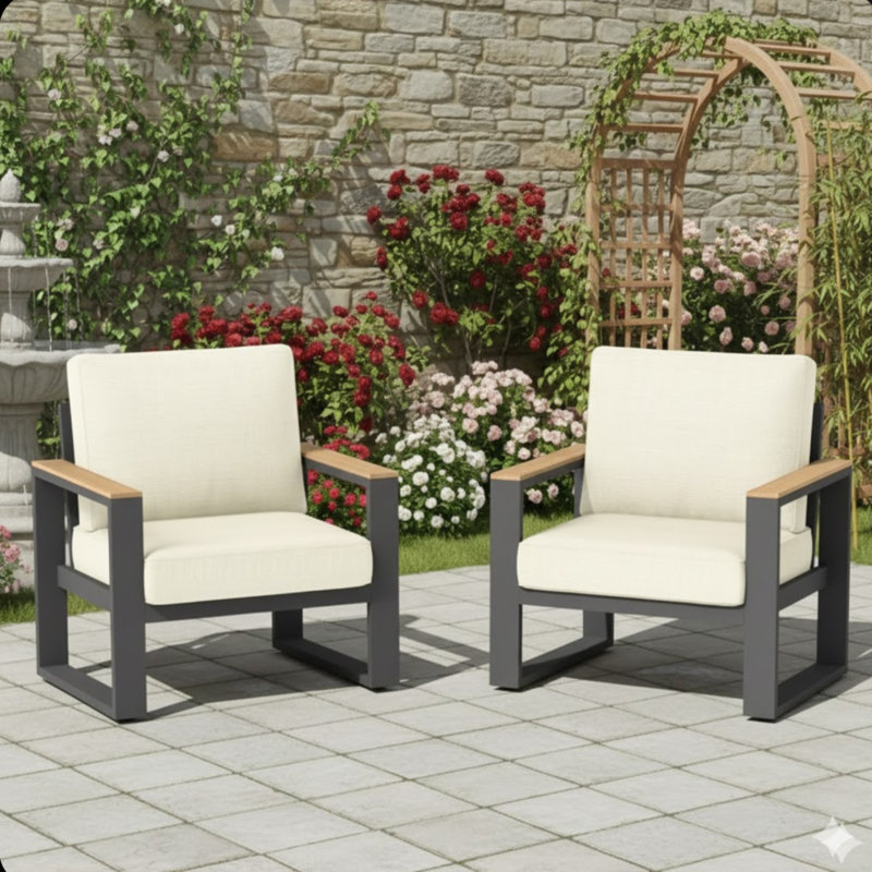 Ensemble de 2 fauteuils de patio en aluminium toutes saisons de 26,6 po avec coussins beiges épais