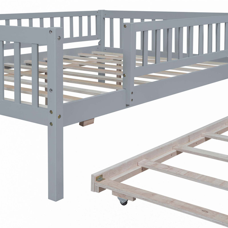 Lit de jour en bois avec couchette et garde-corps, Gris, Double