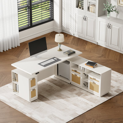 Adonia 71"W Rattan- Electric Height Adjustable Standing Desk Modern Executive Office Desk With Loking File Cabinet For Home Office And Commercial Use