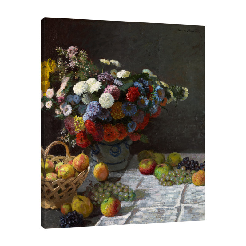 «Still Life With Flowers and Fruit» par Claude Monet - reproduction d'art sur toile tendue, H 40 po x l 32 po x P 1,5 po