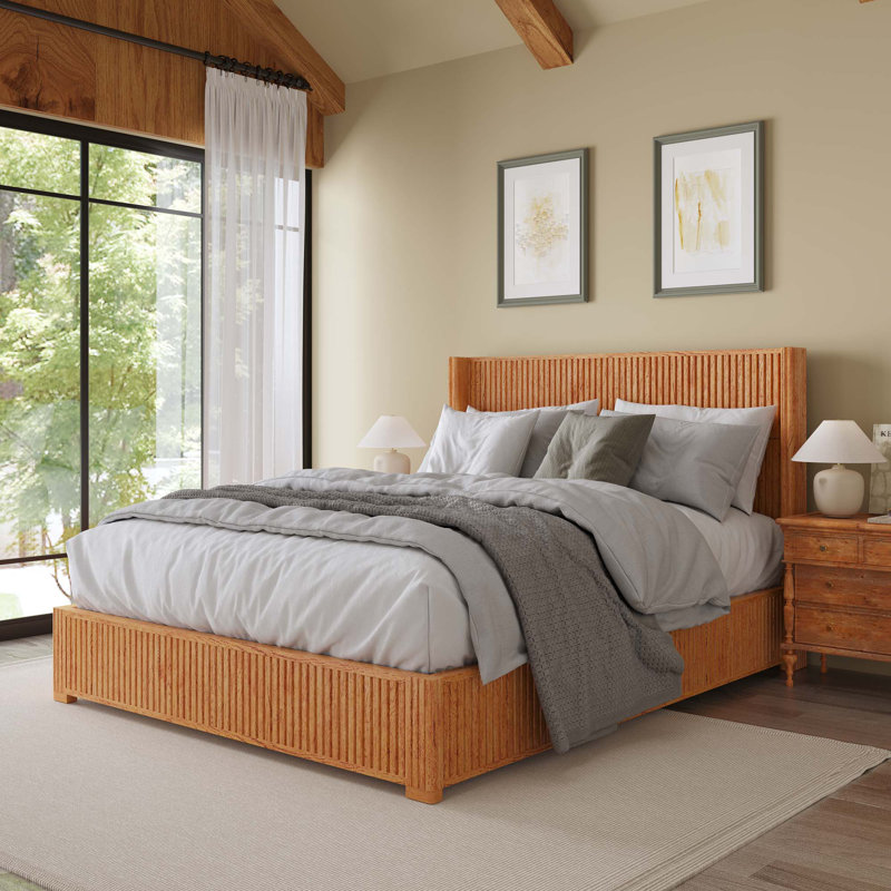 Structure de lit plateforme en bois massif avec tête de lit, sans sommier, lit sur pied, Naturel, Grand lit