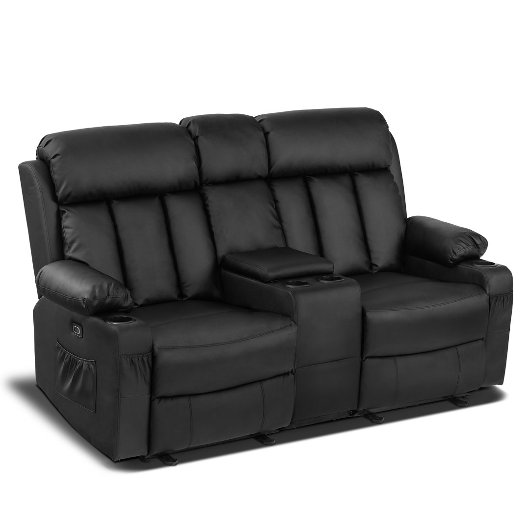 Electric Power Loveseat Recliner with Heat and Massage, USB Ports, Cup Holders, Faux Leather Red Barrel Studio® 