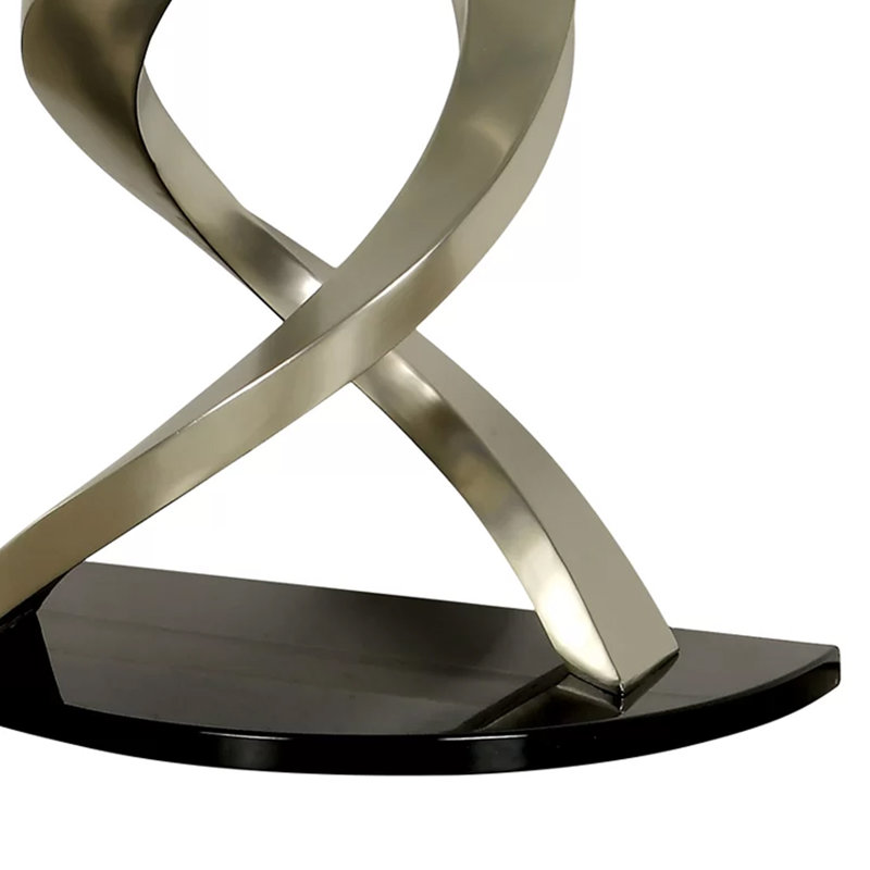 Table de canapé avec base en métal torsadé et plateau en verre semi-circulaire, argent