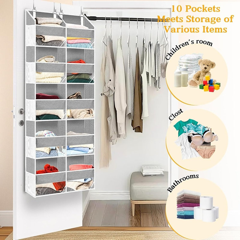 Rangement suspendu au-dessus de la porte gris clair à 5 niveaux avec 10 poches avant et 10 poches en filet, capacité de 80 lb, organisateur de garde-robe très grand pour les jouets, les chaussures et les couches
