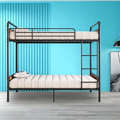 Lit superposé simple en métal avec barrières de sécurité et échelle intégrée, convertible en 2 lits simples, idéal pour chambre d'enfant ou d'adolescent, montage facile, noir.
