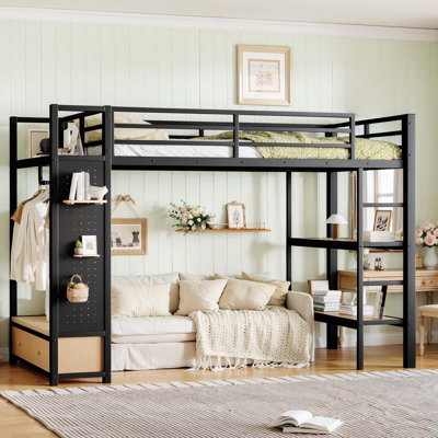 Lit mezzanine en métal peu encombrant avec garde-robe intégrée et rangement perforé