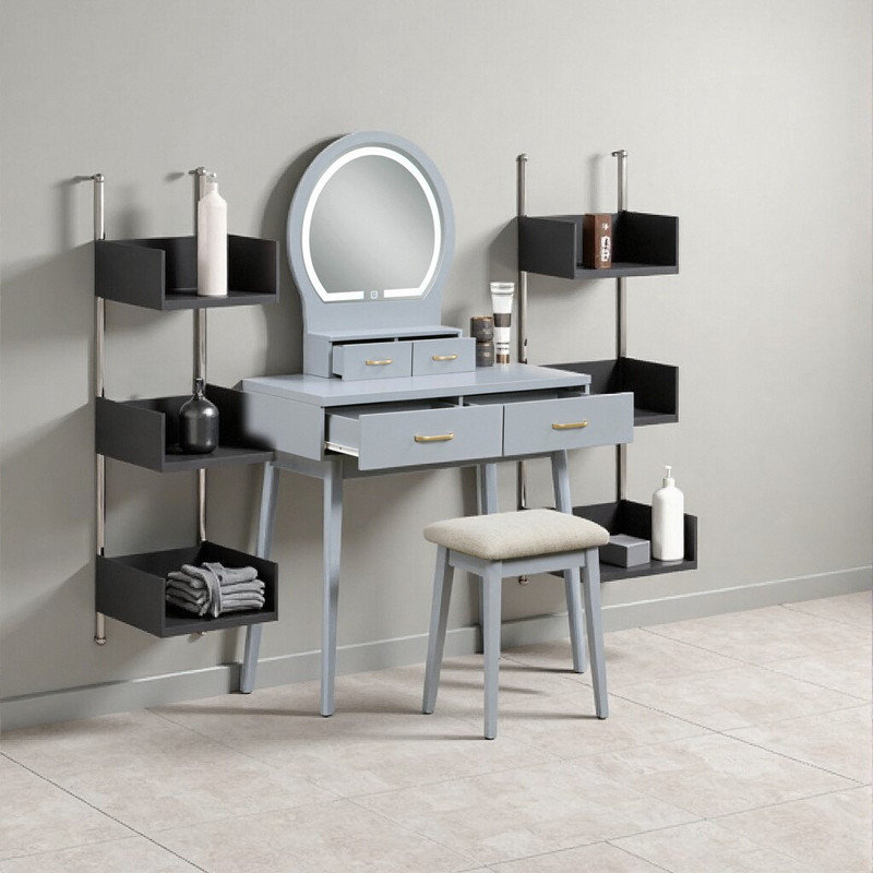 54 Inch Vanity Dresser with LED Mirror, 4 Drawer Dressing Table Set with Stool, Gray