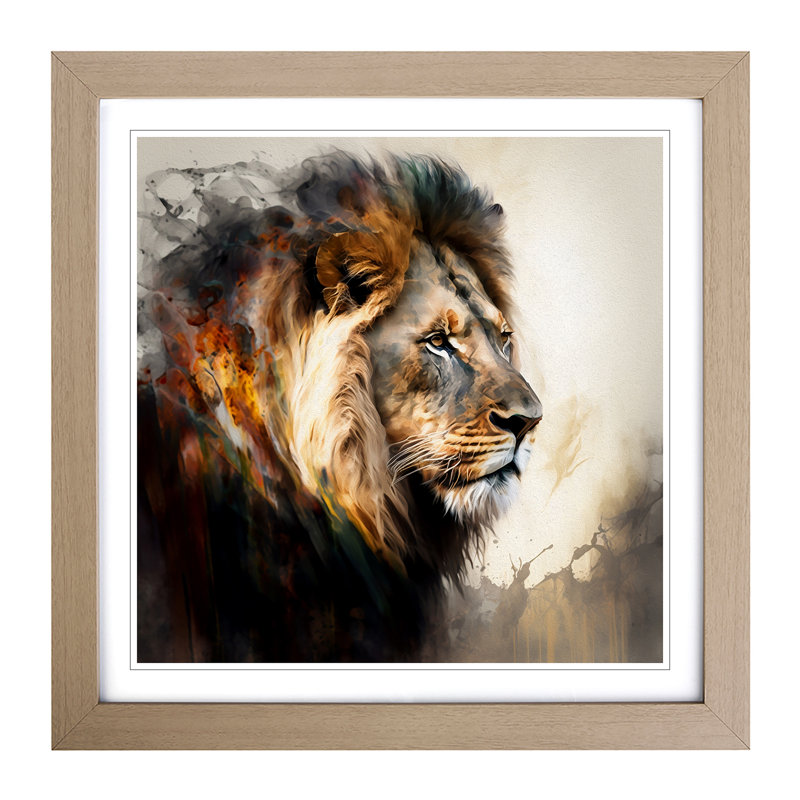 Lion - Single Picture Frame Print on Wood, Oak
