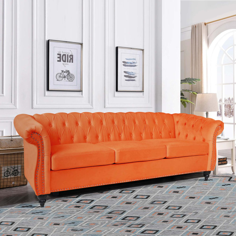 Canapé en velours rembourré 83,85 po Jemotte, Velours orange