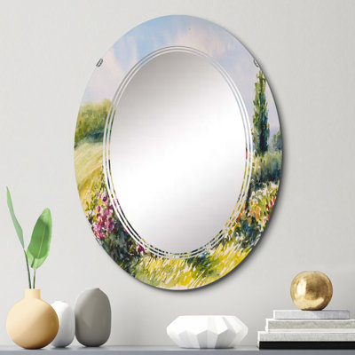 Petite maison dans la campagne verte - miroir mural ovale