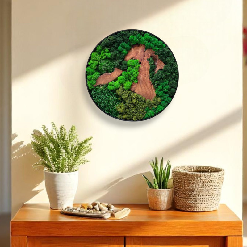 Natural Cedar Wood & Preserved Moss Wall Art - Handcrafted Round Décor, 16" H x 16" W x 1 " D