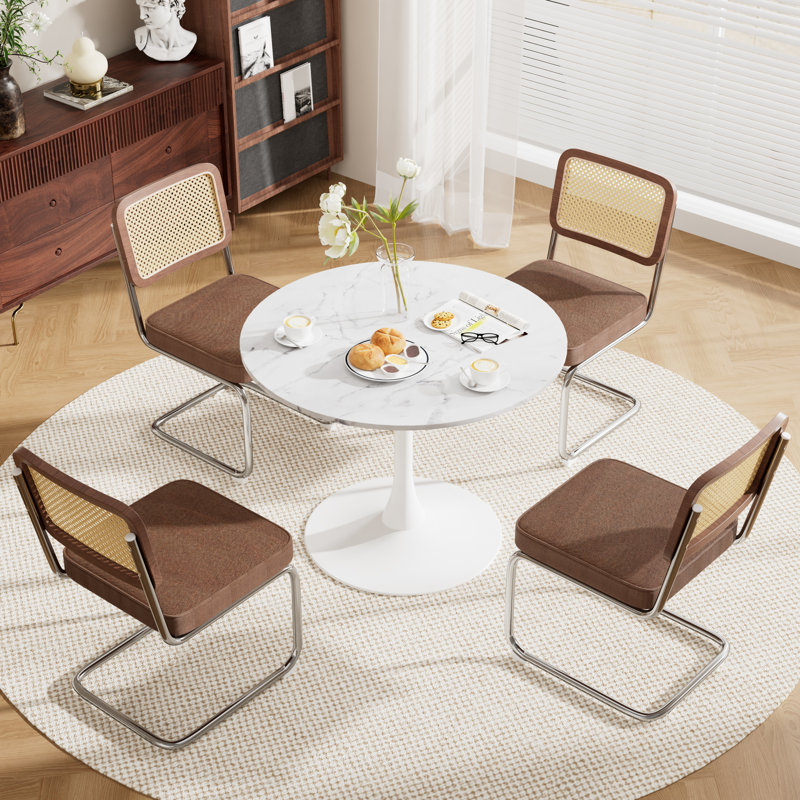 Elegant Dining Room Round Table  Set for 2-4, White Marble, 5, Coffee