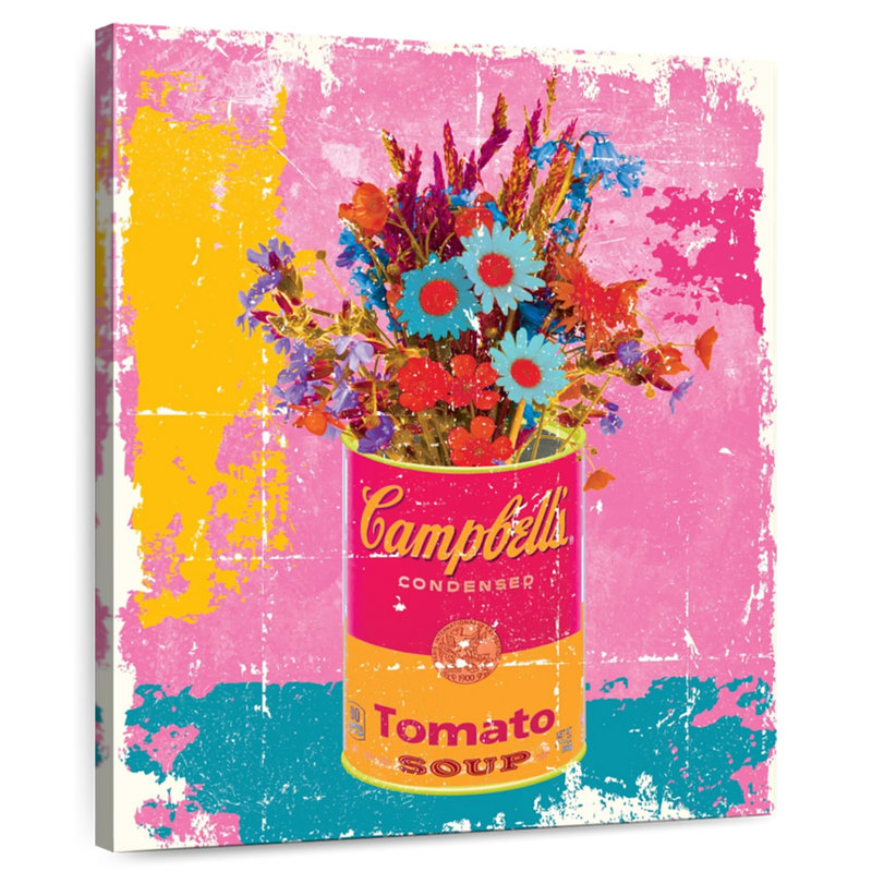 Fleurs sur pot de soupe sur toile, H 10 po x l 8 po x P 1 po