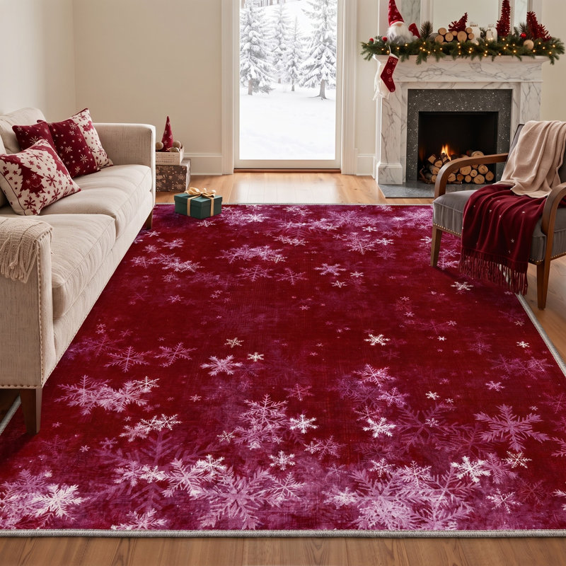 Tapis rouge / rose lavable à la machine avec envers antidérapant, Rond 5 pi