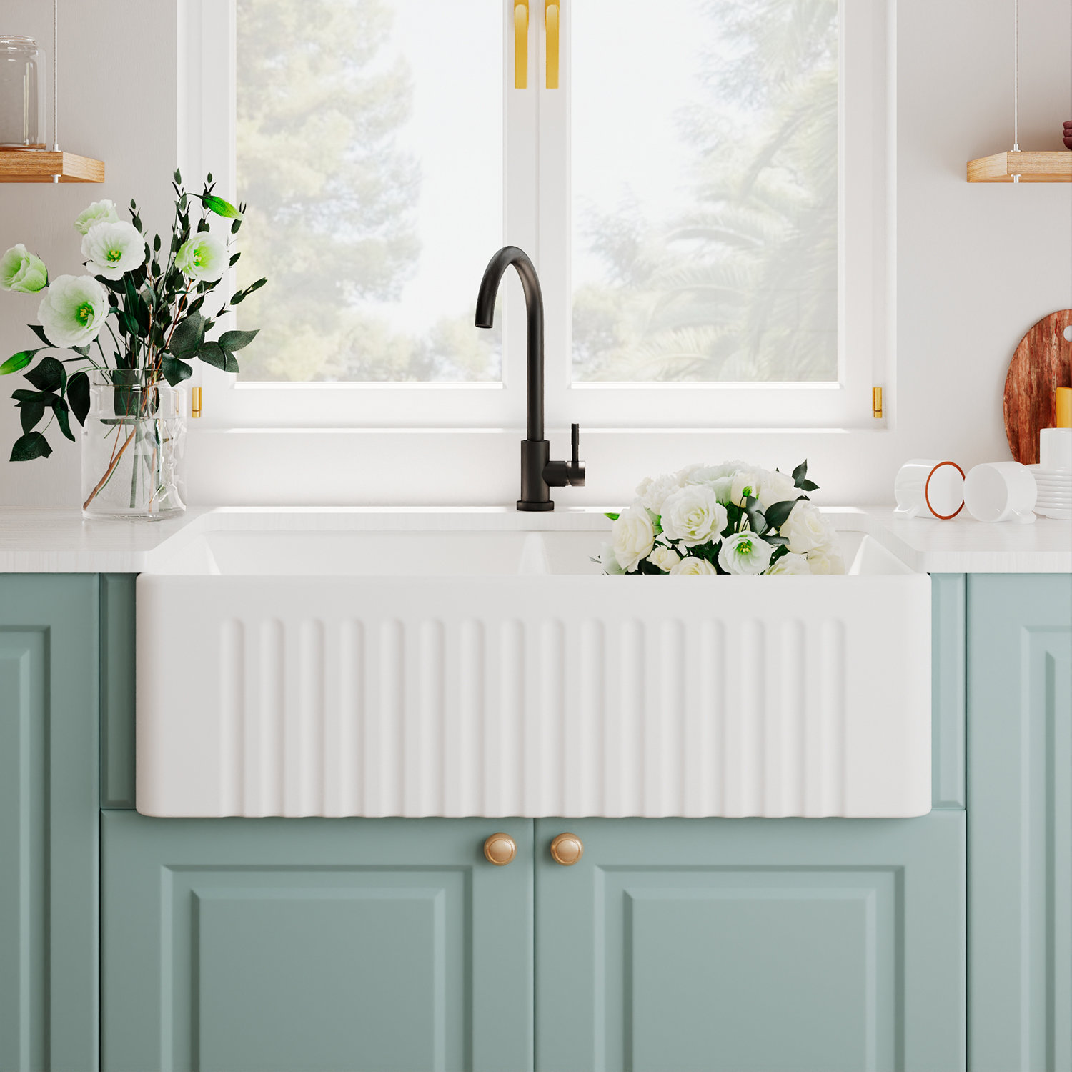 Eclipse 33" Double Bowl Farmhouse Kitchen Sink, White