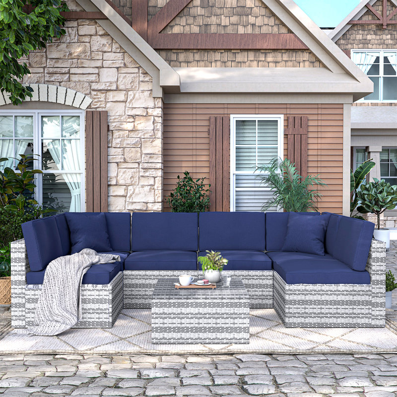 Kristleifur Rattan 6 - Person Seating Group With Cushions, Deep Blue, Grey