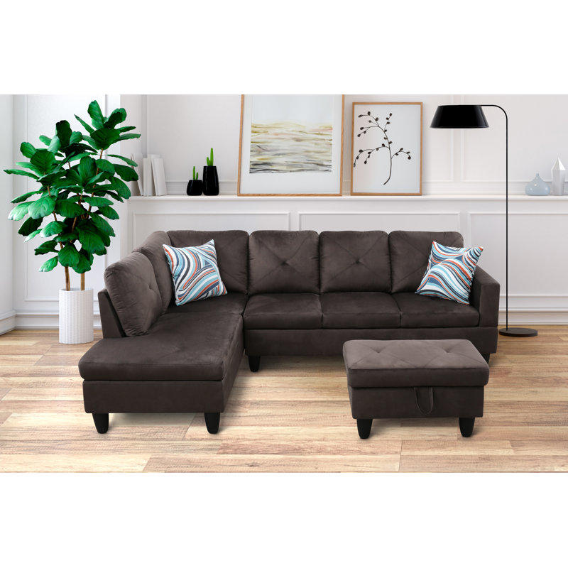 Stotfold Upholstered L-Shaped Sectional Right Hand Facing, Taupe Velvet, Left Hand Facing
