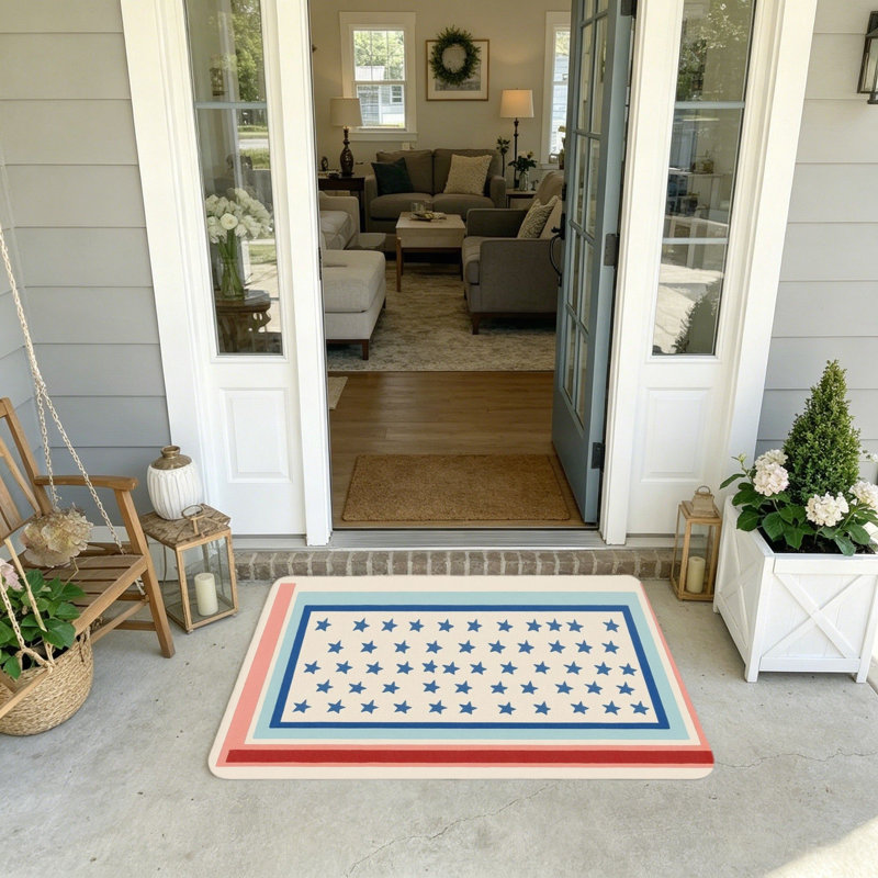 Tapis de bienvenue beige à bordure en forme d'étoile bleue 20 po x 32 po à usage domestique