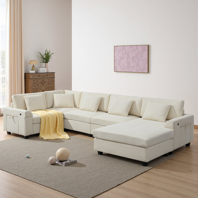 Canapé modulaire en U pour salon, canapé 6 places avec repose-pieds, rangement caché pour accoudoirs et porte-gobelets, ports de chargement USB