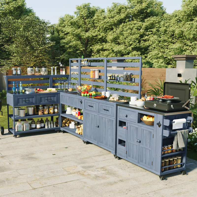 4-Piece Outdoor Rolling Kitchen Island with Sink, Stainless Top & Movable Shelves (Gray), Gray