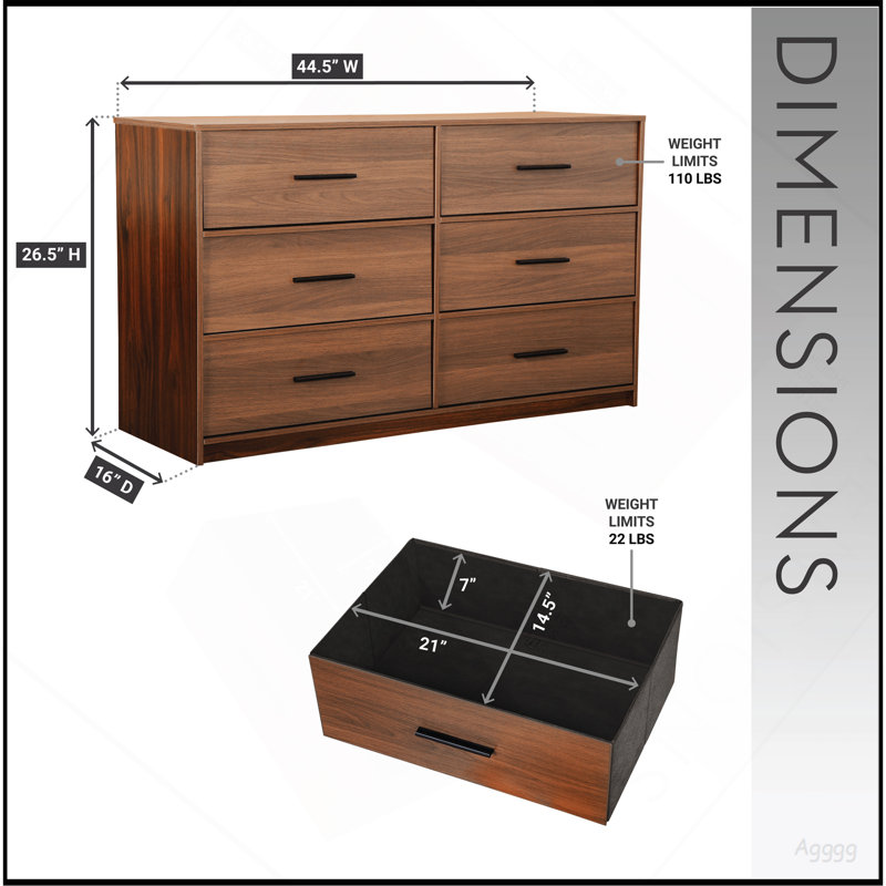 Commode 6 tiroirs avec grands tiroirs en tissu, noyer