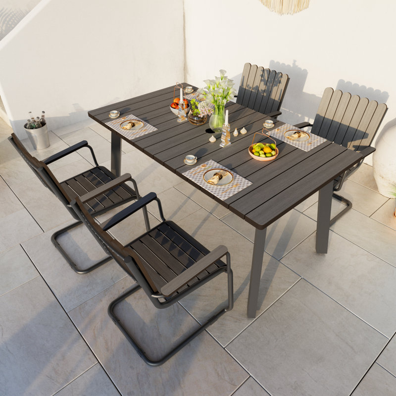 Ensemble de table de salle à manger 5 pièces en PEHD avec trou pour parasol, gris anthracite et gris, Gris / Noir