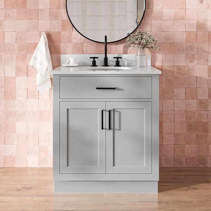 Jameal 30'' Solid Wood Single Bathroom Vanity with 0.75'' Carrara Marble Top, Gray, Oval