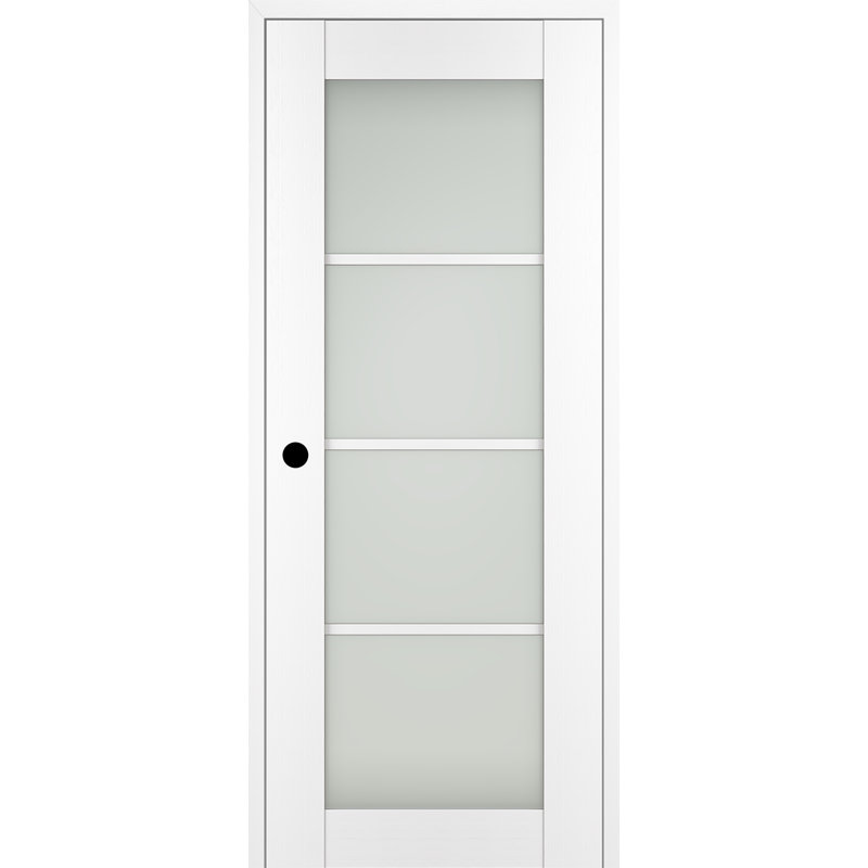 Porte intérieure pré-suspendue Palladio 4 Lite en bois manufacturé et en verre, 29,75 po x 95,24 po, Blanc, Droite