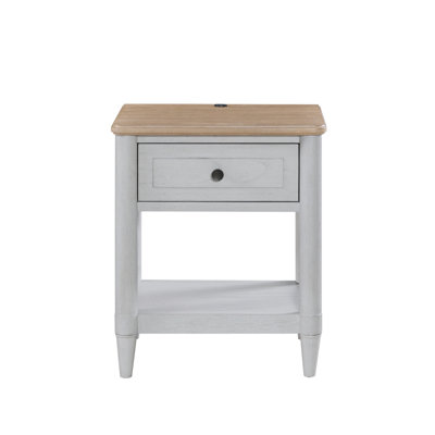 Table de chevet compacte avec finition en ciment, plateau en sable, tiroir de rangement, tablette ouverte et port de chargement USB pour les chambres d'adolescent