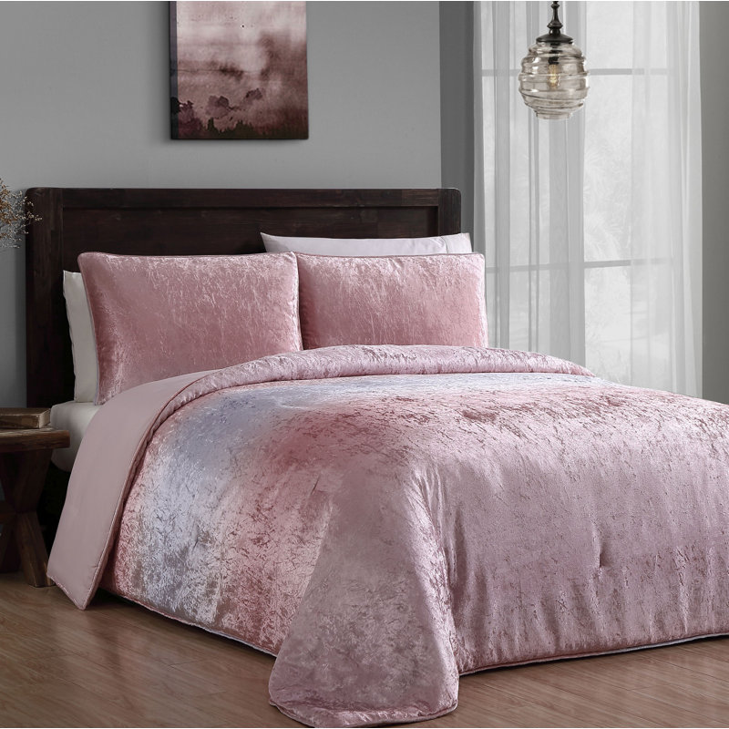 Glam Polyester Velvet Comforter, King Comforter + 2 King Shams, Blush