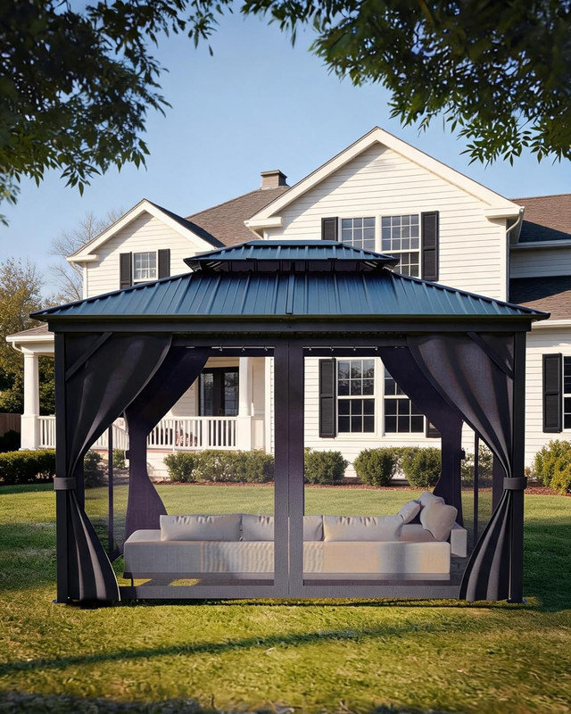 Pavillon de jardin à toit rigide avec double toit en acier galvanisé - filet respirant et rideaux d'intimité pour la cour
