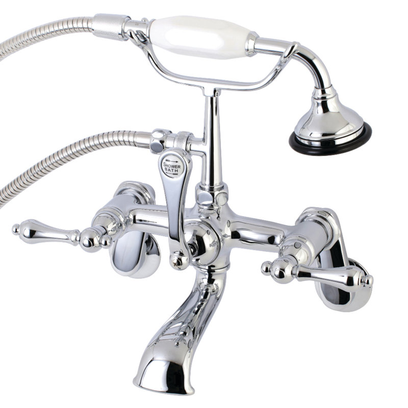 Kingston Brass Aqua Vintage Three-Handle 2-Hole Tub Wall Mount Clawfoot Tub Faucet with Hand Shower, Polished Chrome