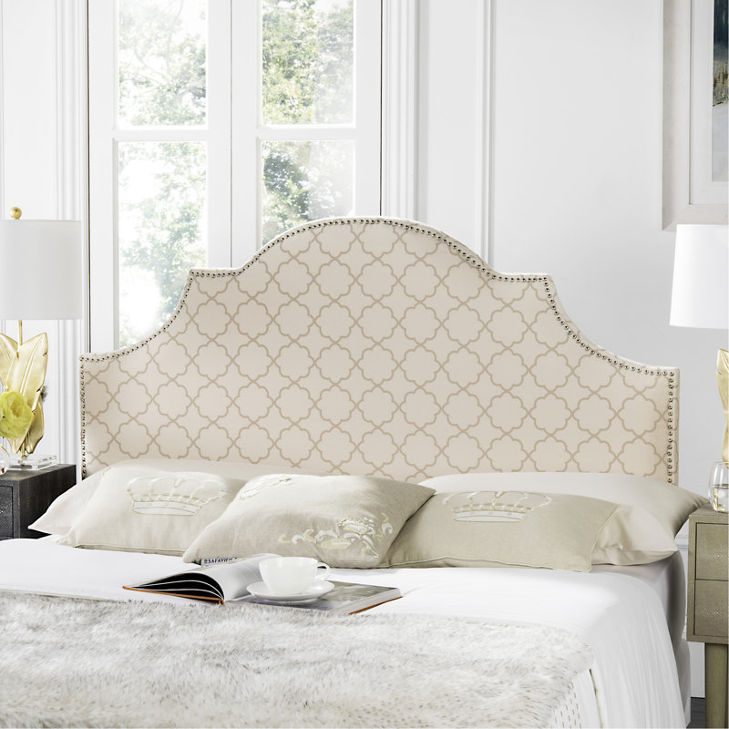 Caswell Upholstered Cotton Blend Panel Headboard, Silver, Queen, Pale Pink / Beige