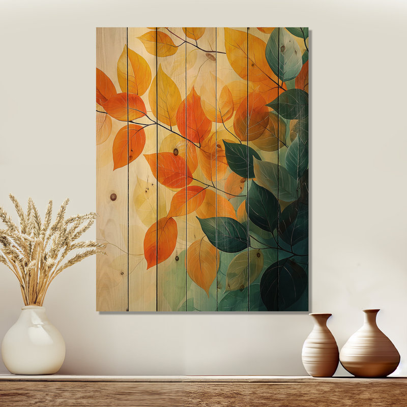 Sun-Kissed Leaves IV - Décoration murale en bois de feuilles - sur bois de pin naturel, H 40 po x l 30 po x P 0,78 po