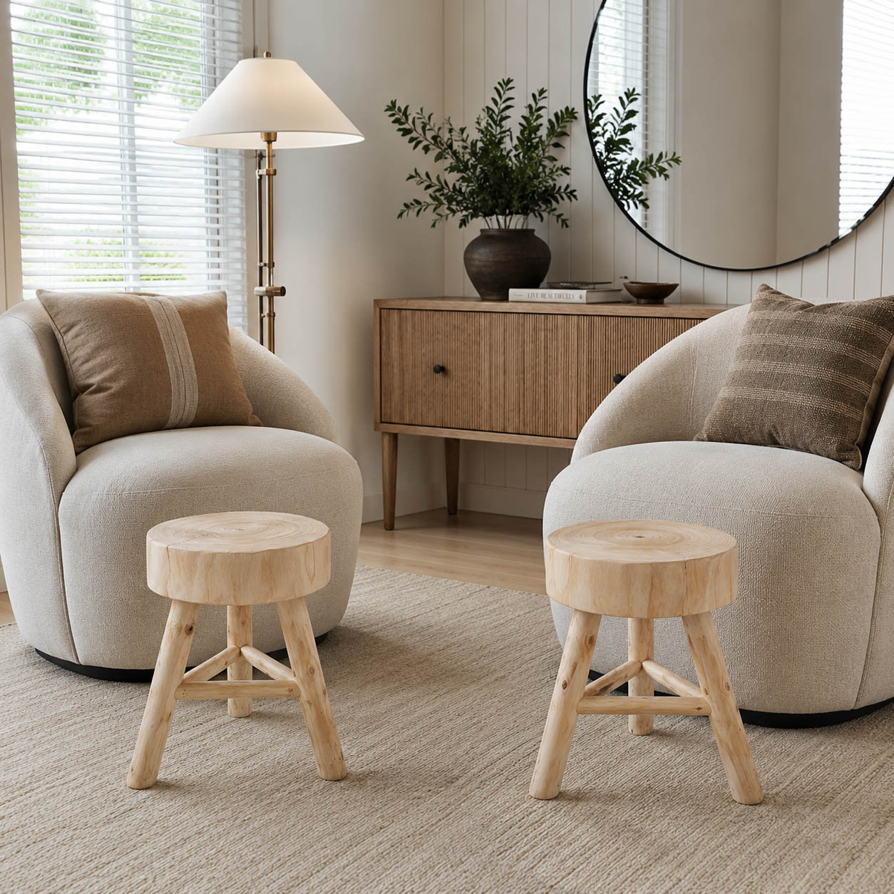 Paulownia Wood Accent Stool, Ivory / Beige