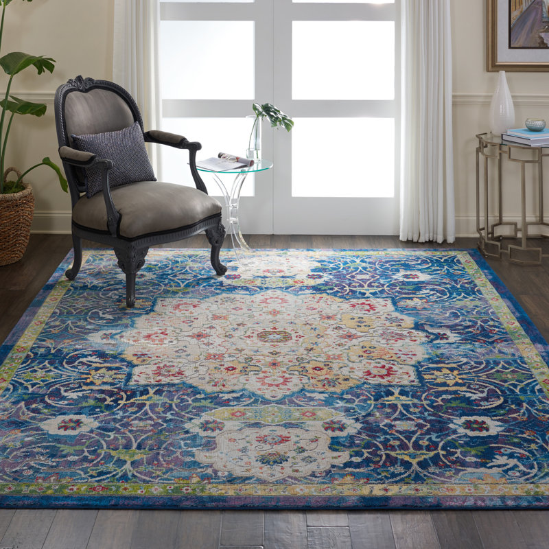 Tapis bleu d'inspiration persane Raymond, Rectangle 8 pi 10 po x 11 pi 10 po