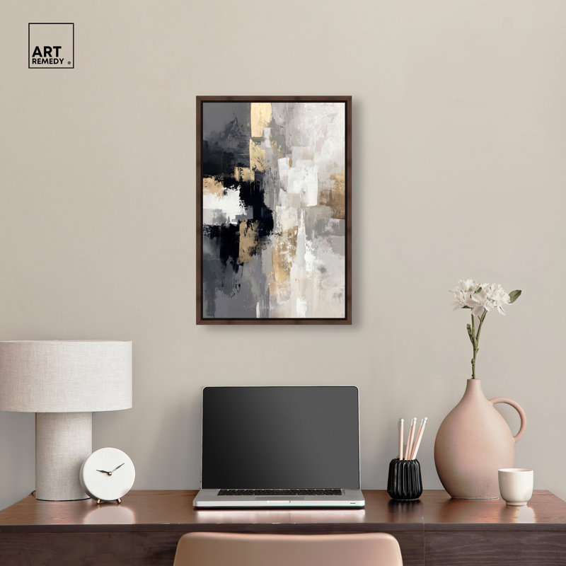 Décoration de bureau encadrée «Gilded Charcoal II» par Art Remedy, cadre en noyer, 16 x 24, H 25 po x l 17 po